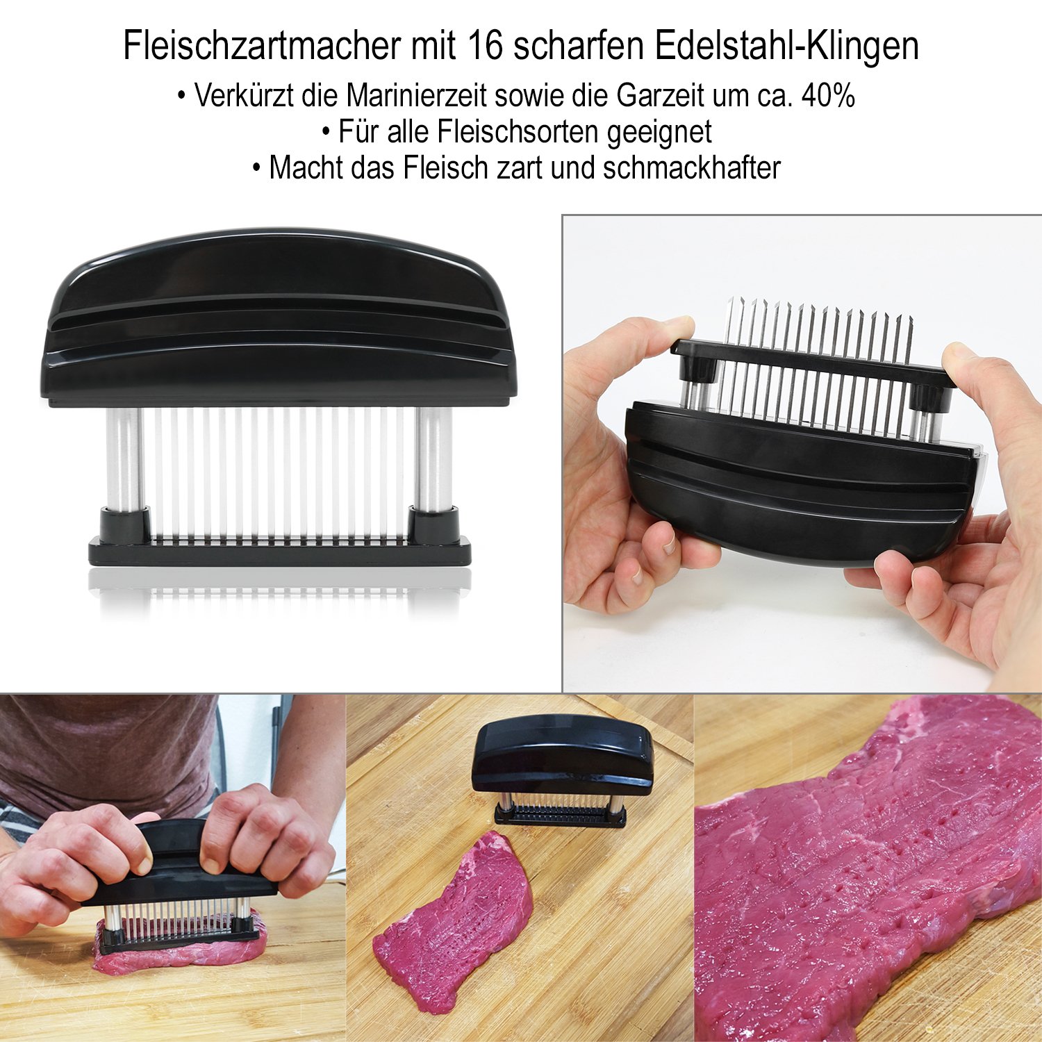 2x XL Edelstahl Klingen Fleischklopfer Fleischstecher Steaker Schwarz & Weiß